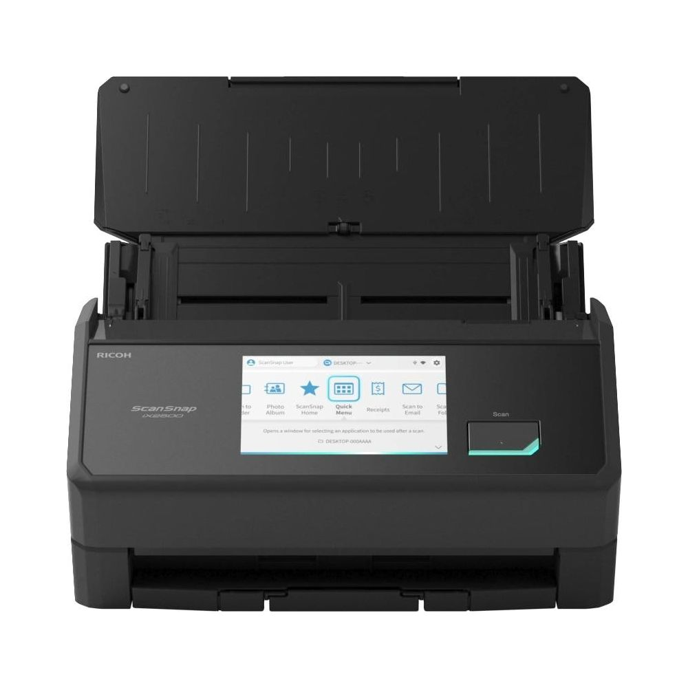 Uno scanner Ricoh ScanSnap nero con coperchio aperto e schermo touch.
