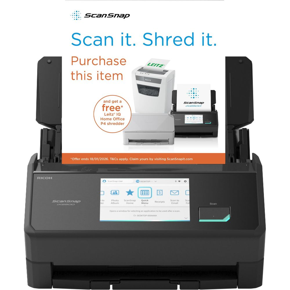 Uno scanner ScanSnap IX2500 con distruggidocumenti Leitz gratuito. Testo: Scan it. Shred it.
