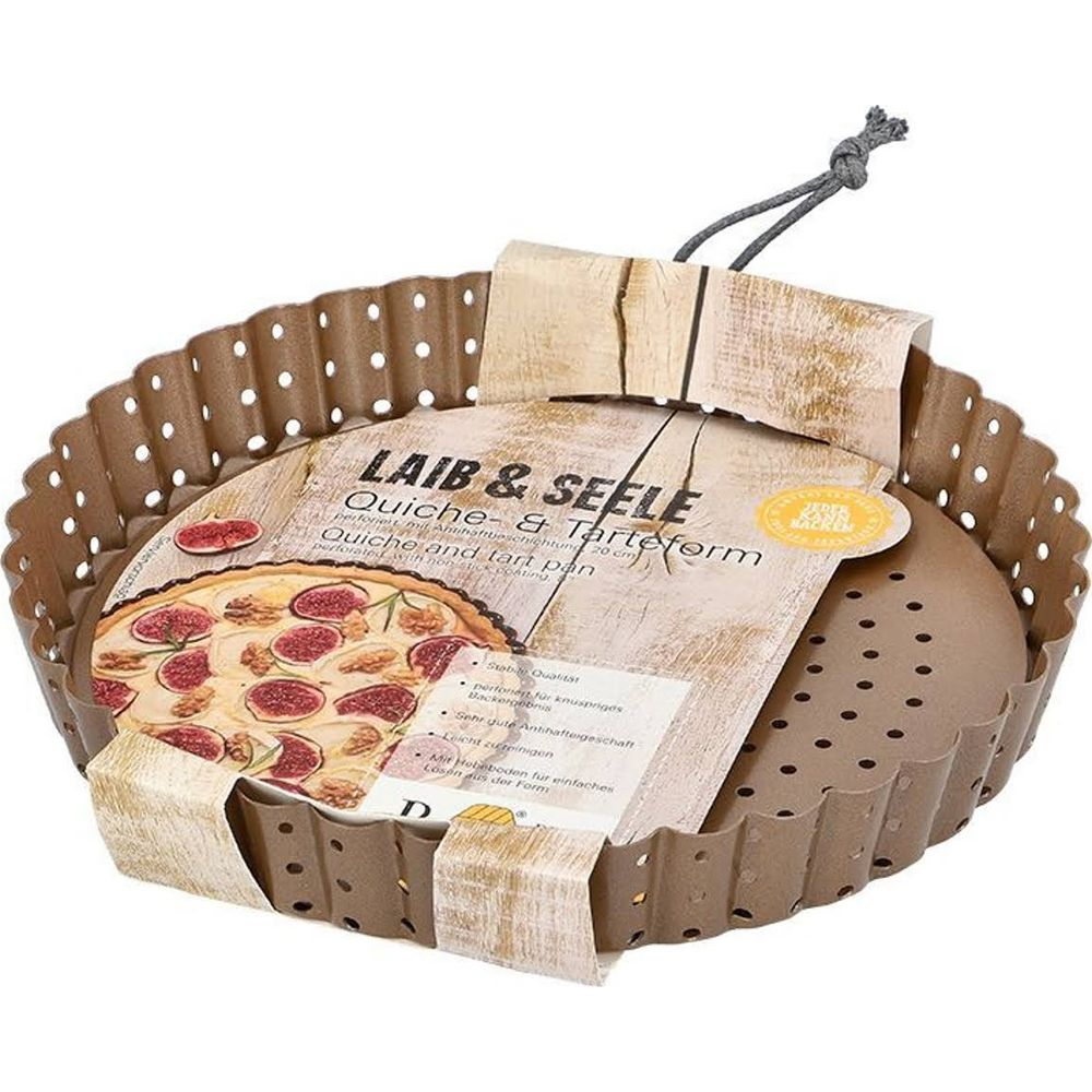 Eine braune Quiche- und Tarteform mit Perforationen und einem Bild von Quiche.
