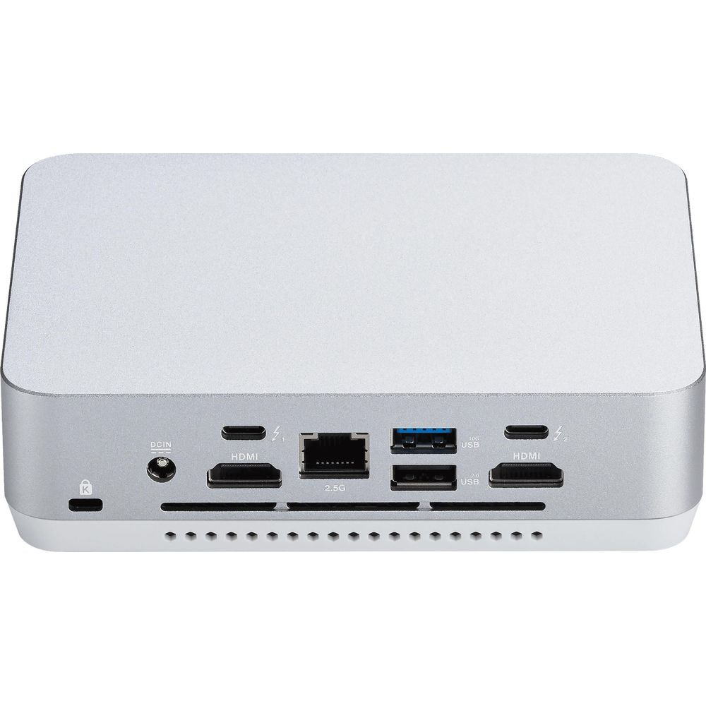 Silver mini PC with ports: DCIN, HDMI, 2.5G Ethernet, USB, SD card reader.