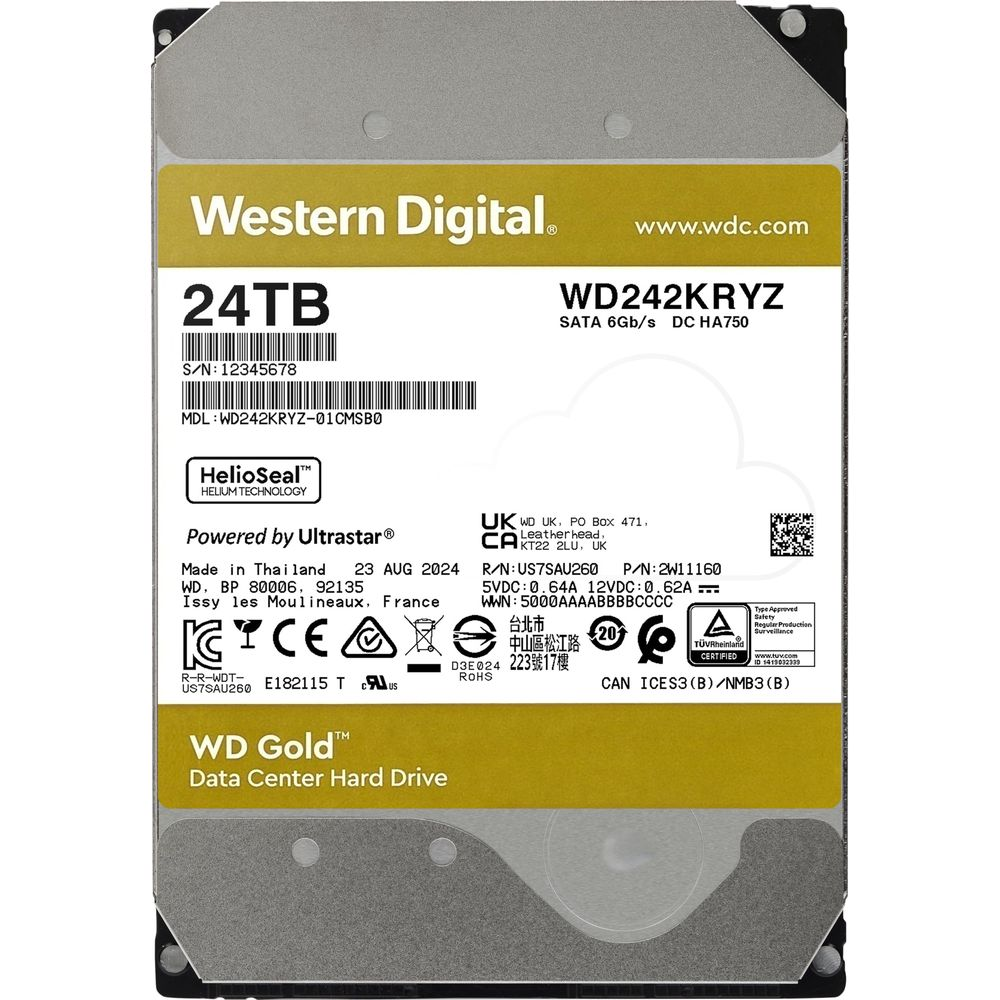 Dysk twardy Western Digital 24TB, WD242KRYZ, SATA 6Gb/s, Wyprodukowano w Tajlandii.