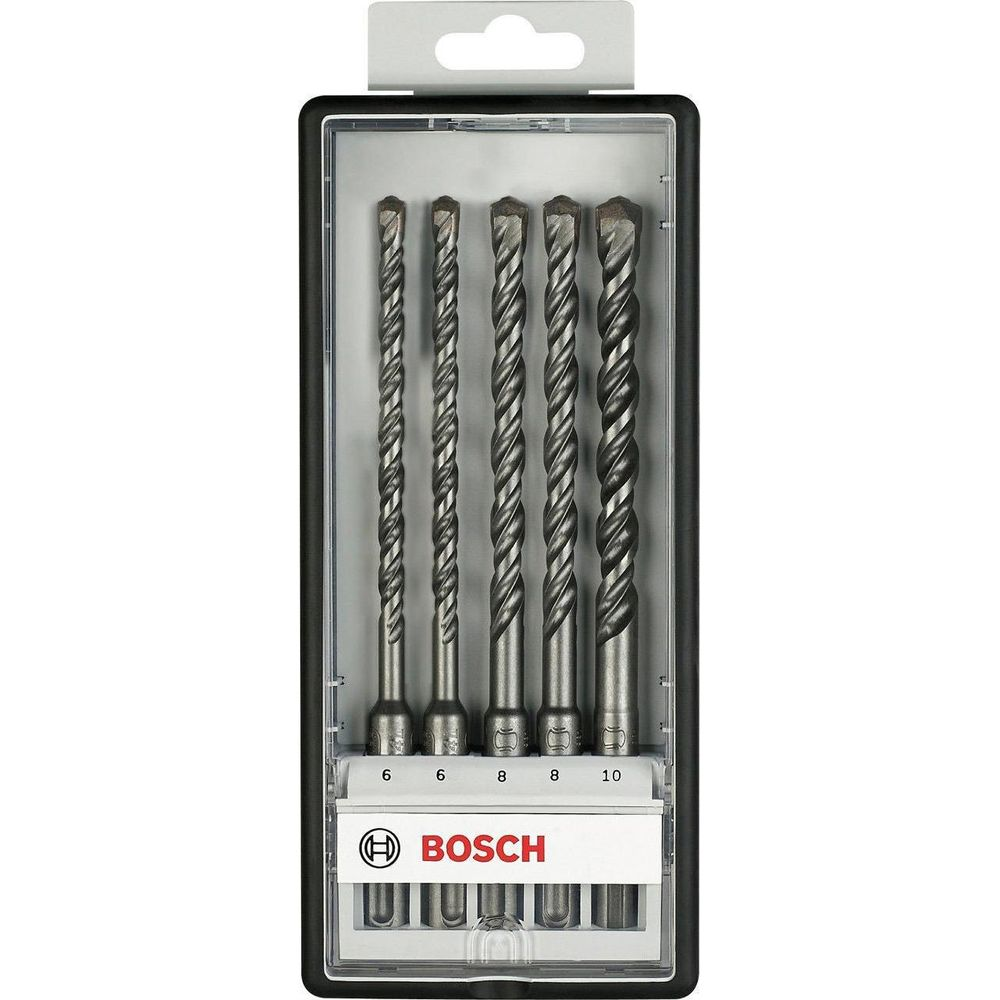 Bosch-Bohrer-Set in schwarzer Verpackung, mit fünf Bohrern unterschiedlicher Größe.