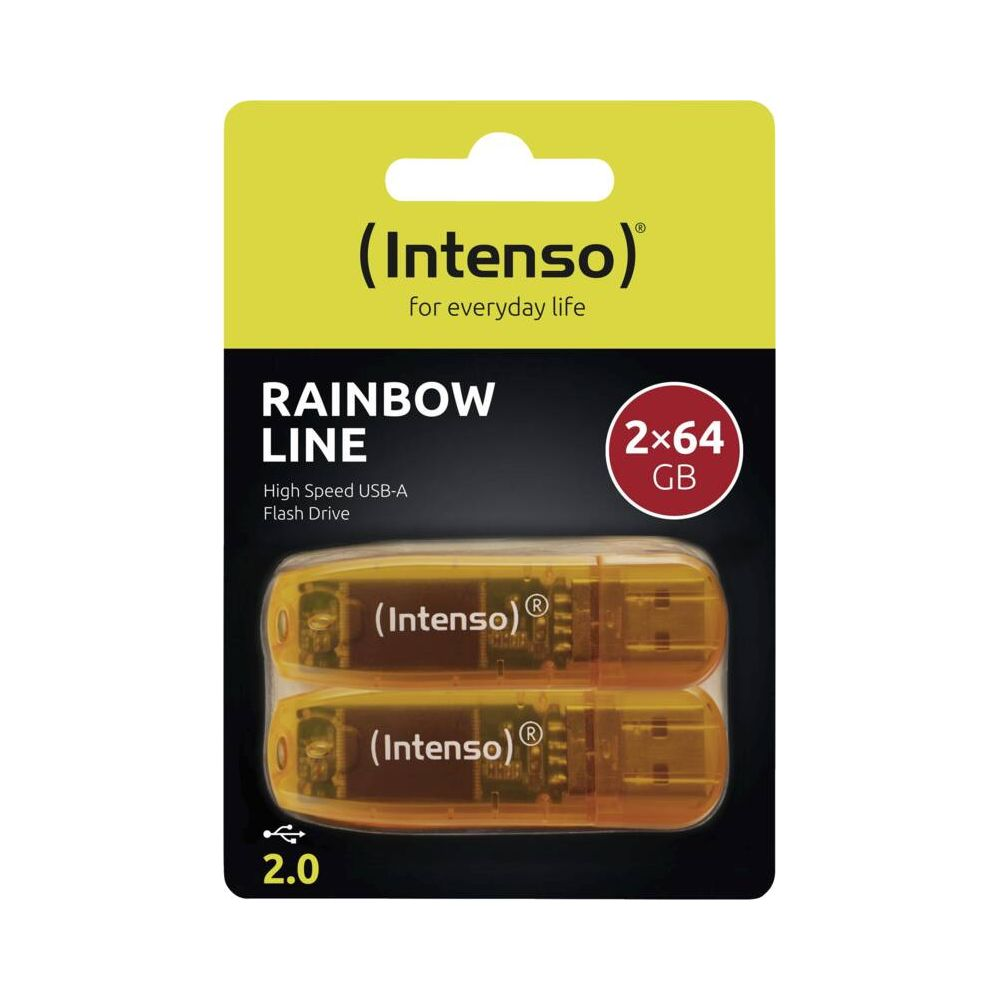 Dwa pomarańczowe pendrive'y Intenso Rainbow Line, każdy po 64 GB.