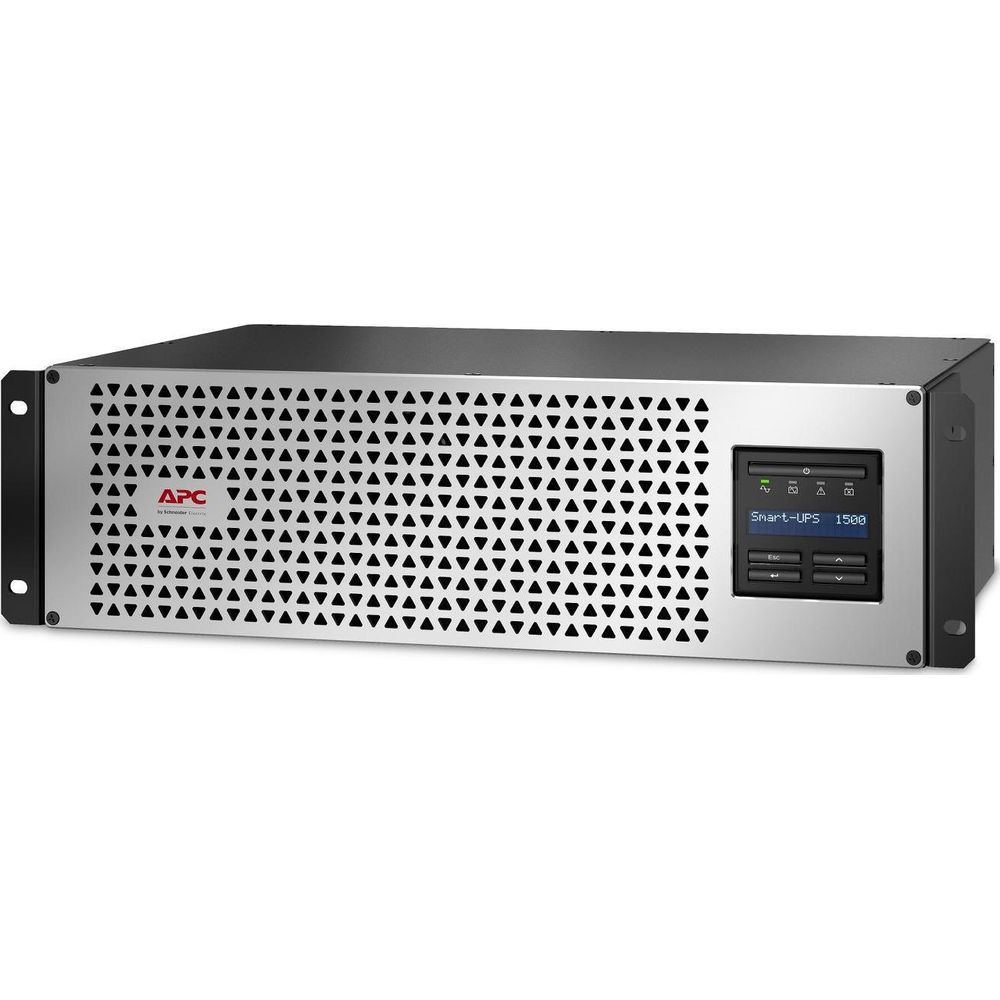 Unidad rackmount APC Smart-UPS 1500 plateada con frontal perforado y pantalla.
