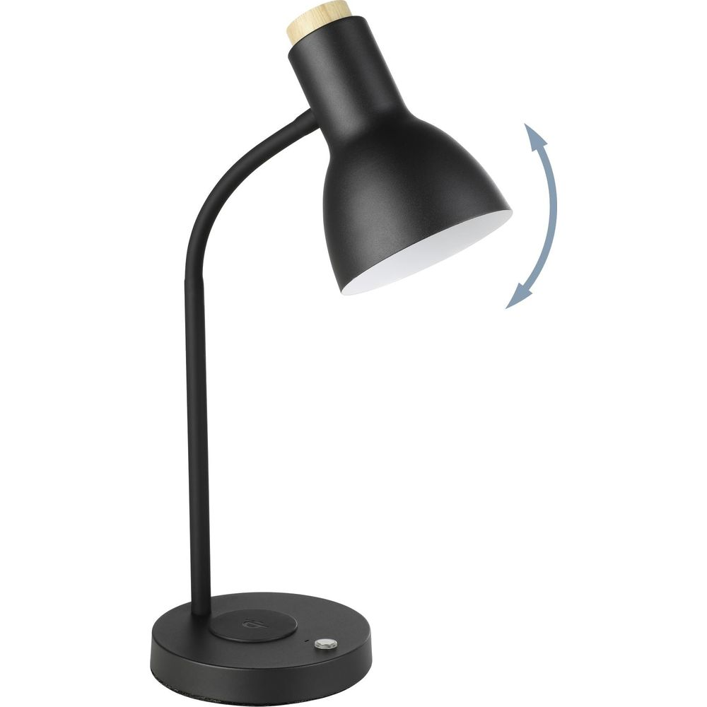 Schwarze Schreibtischlampe mit Holzdetail am Lampenschirm und biegsamem Arm.