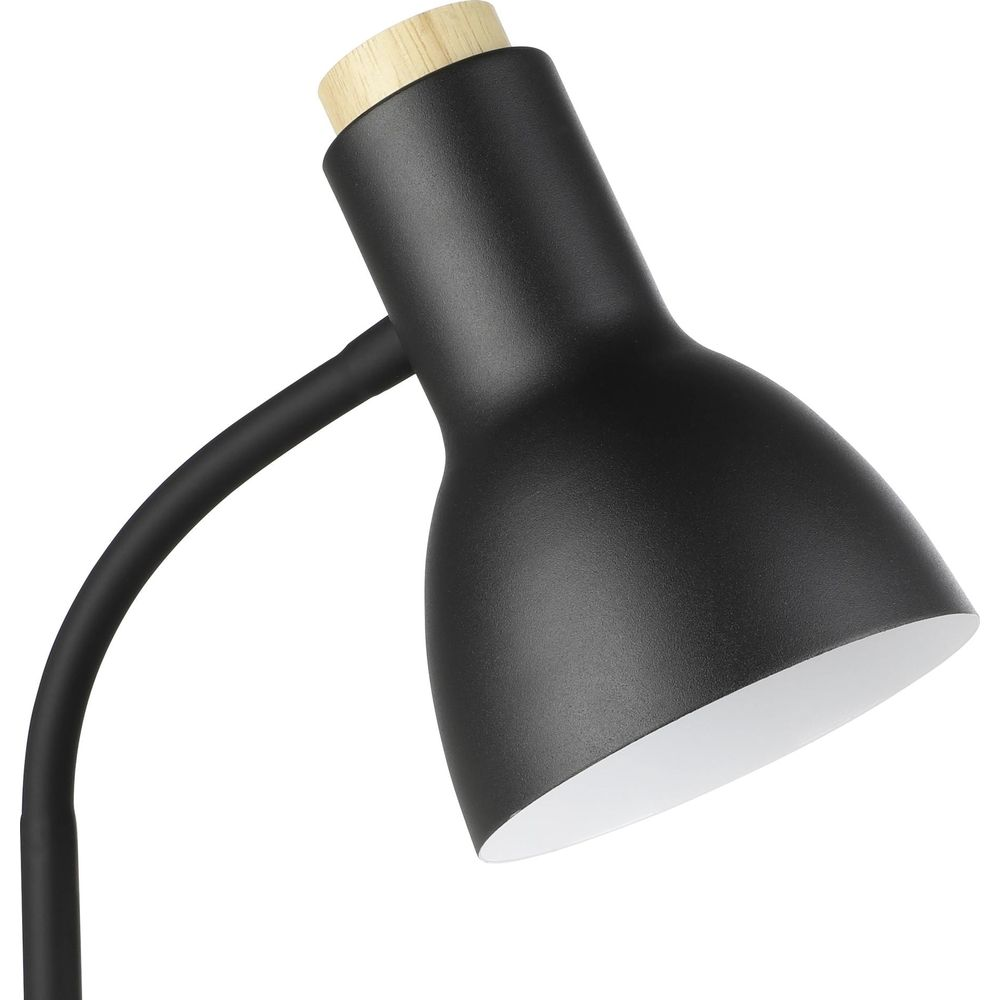 Eine schwarze Schreibtischlampe mit Holzdetail und weißem Innenreflektor.