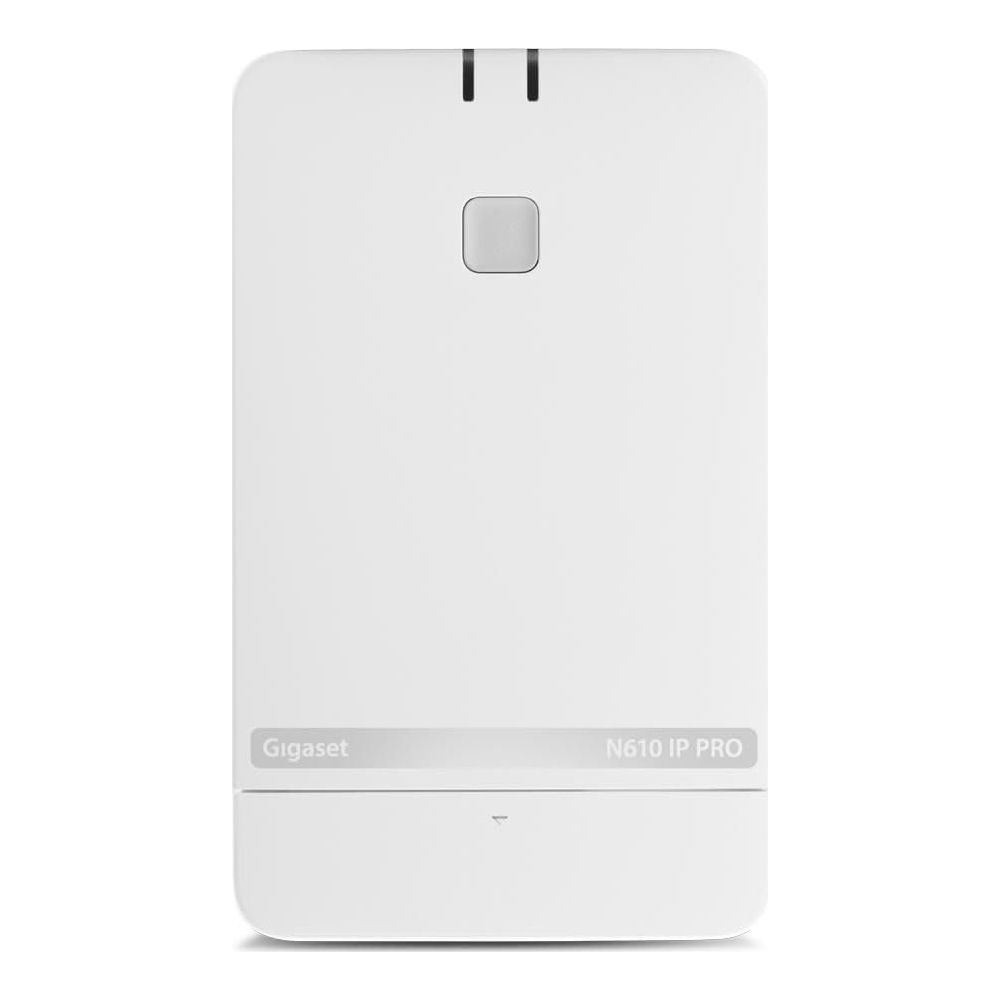 Un telefono DECT Gigaset N610 IP PRO bianco con due LED di stato e un pulsante quadrato.