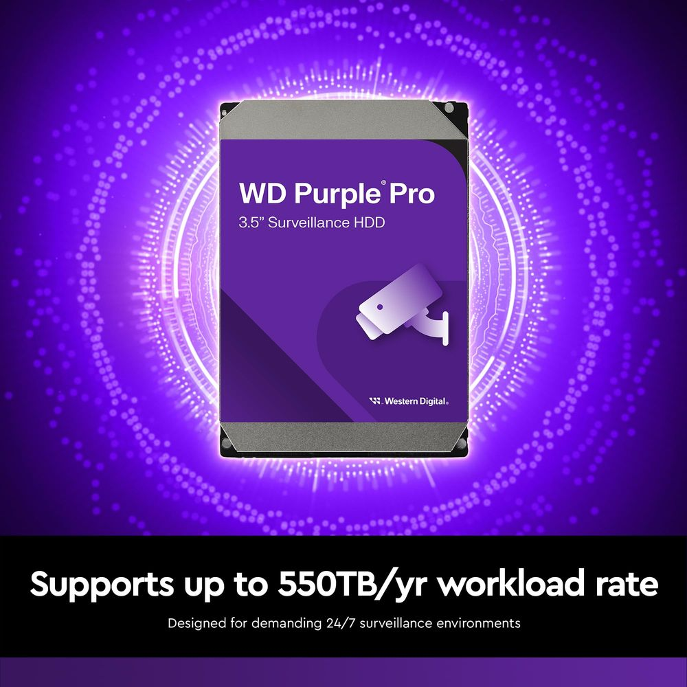 WD Purple Pro 3,5" Dysk do monitoringu z ikoną kamery. Obsługuje 550TB/rok.