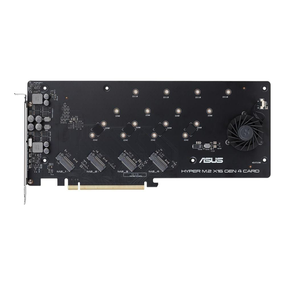 Scheda ASUS Hyper M.2 x16 Gen 4 nera con quattro slot M.2 e ventola.