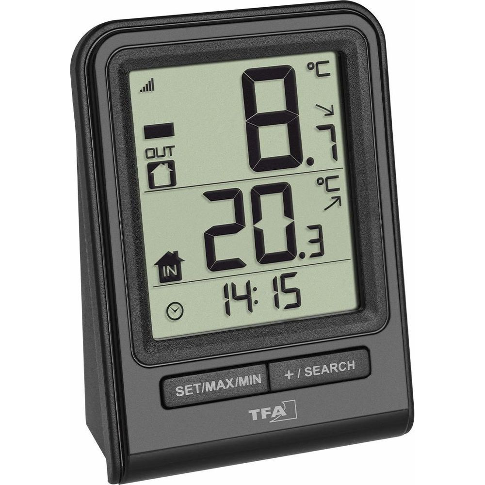 Ein digitales Thermometer zeigt 8 Grad Außen und 20,3 Grad Innen an.