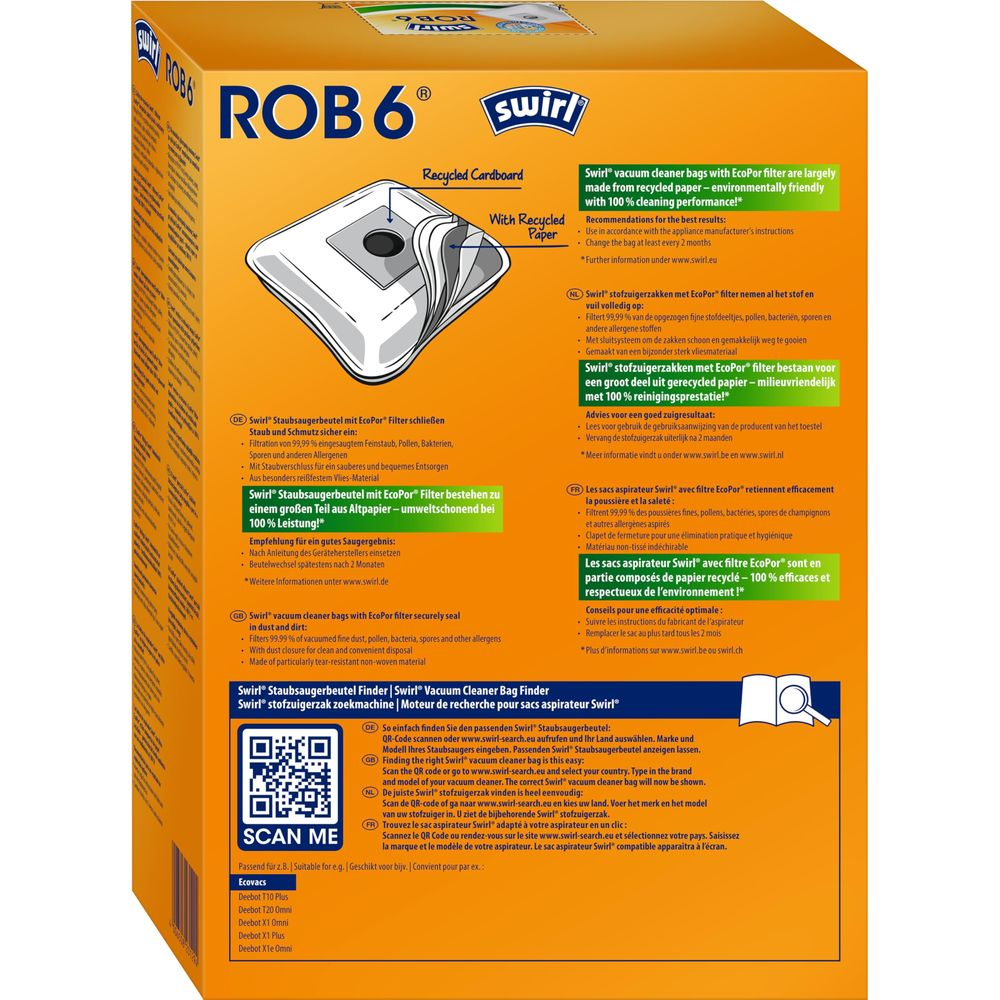 Verpackung mit Swirl Rob 6 Staubsaugerbeuteln, Recycling-Symbol und QR-Code.
