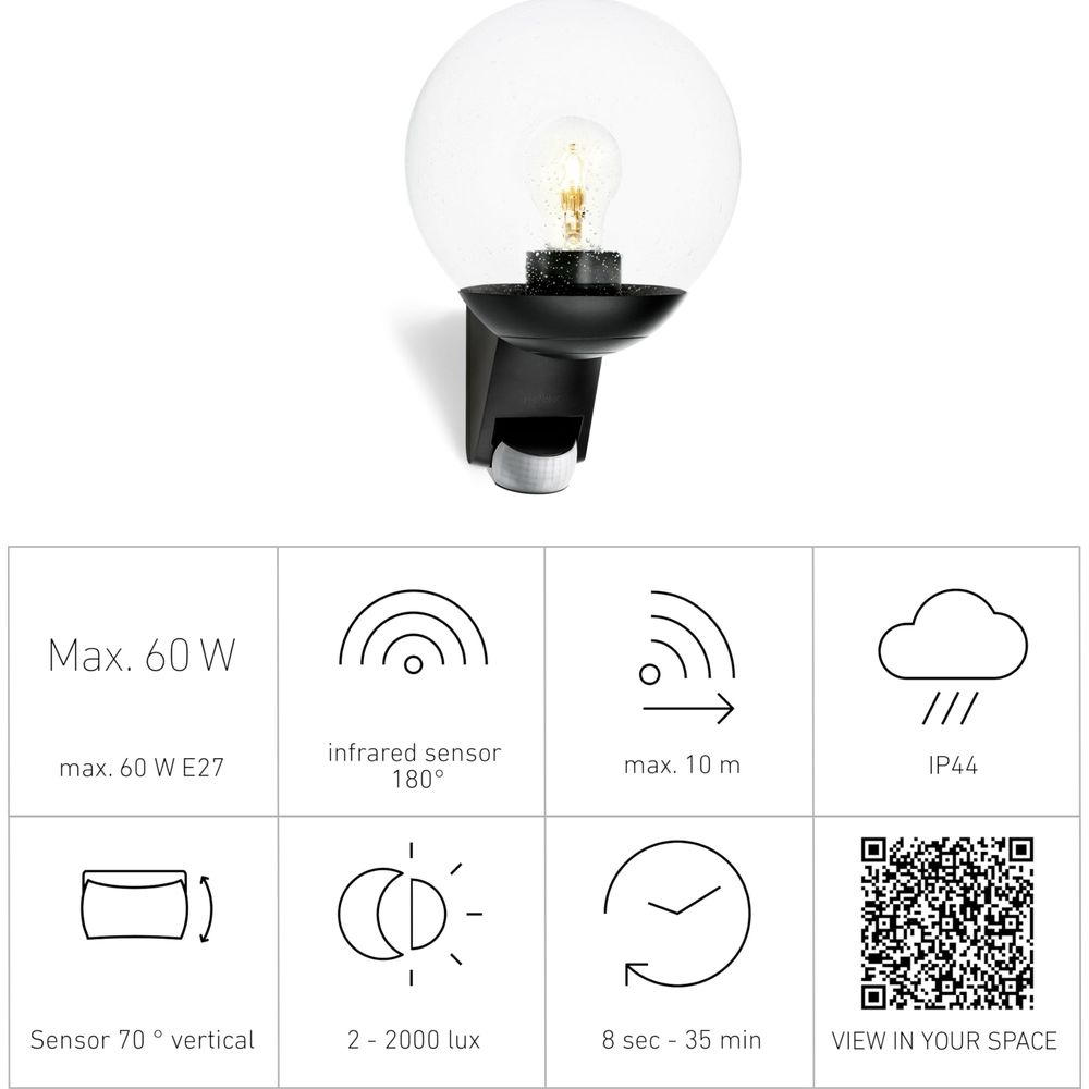 Außenleuchte mit Bewegungsmelder: Max. 60W, 180° Sensor, 10m Reichweite, IP44.