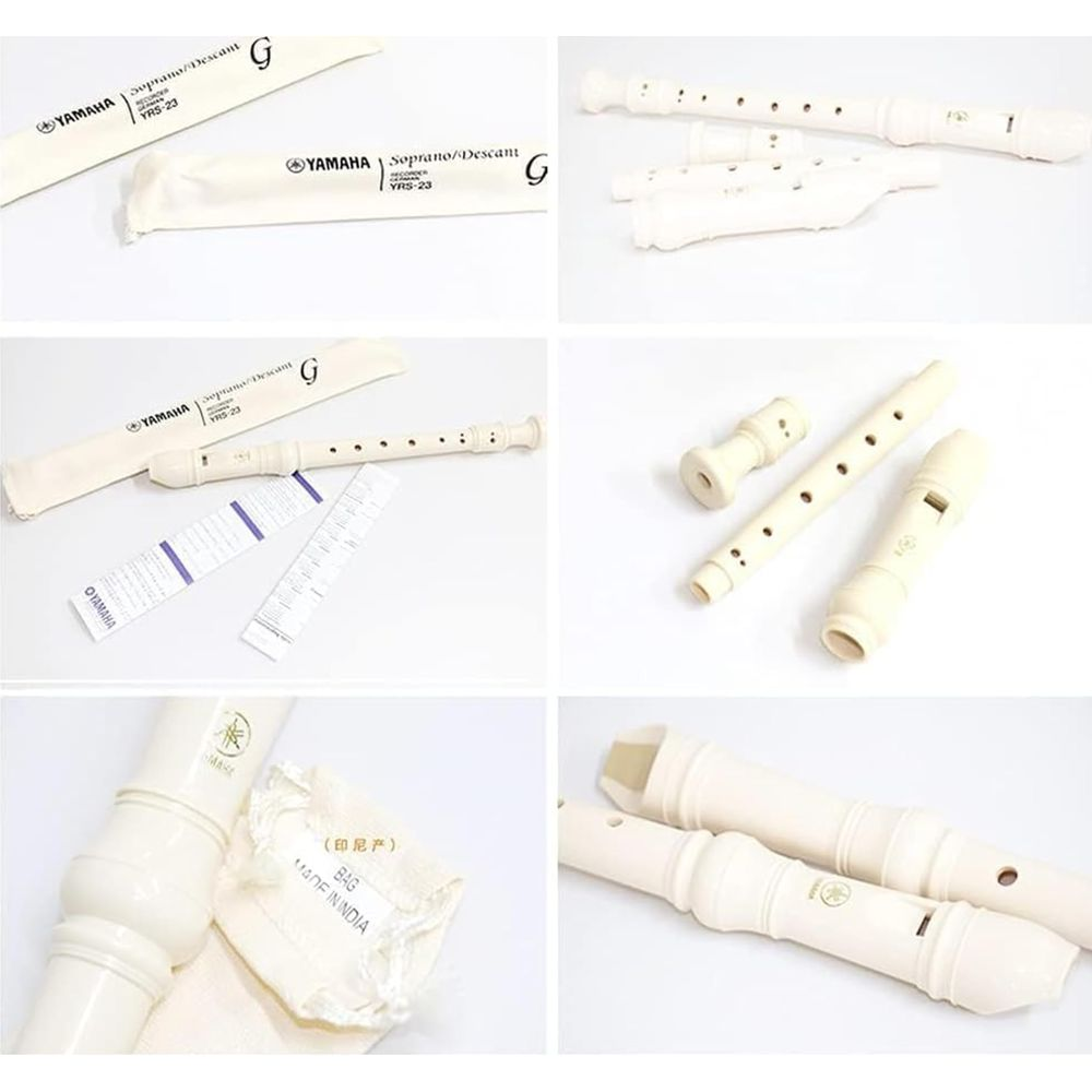 Białe flety Yamaha z akcesoriami na białym tle.