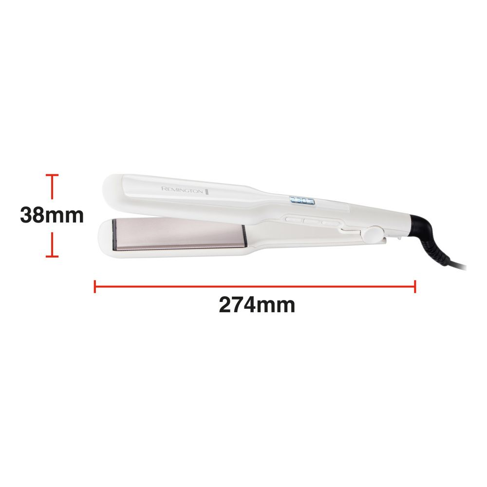 Piastra per capelli Remington bianca con display, lunga 274mm, larga 38mm.