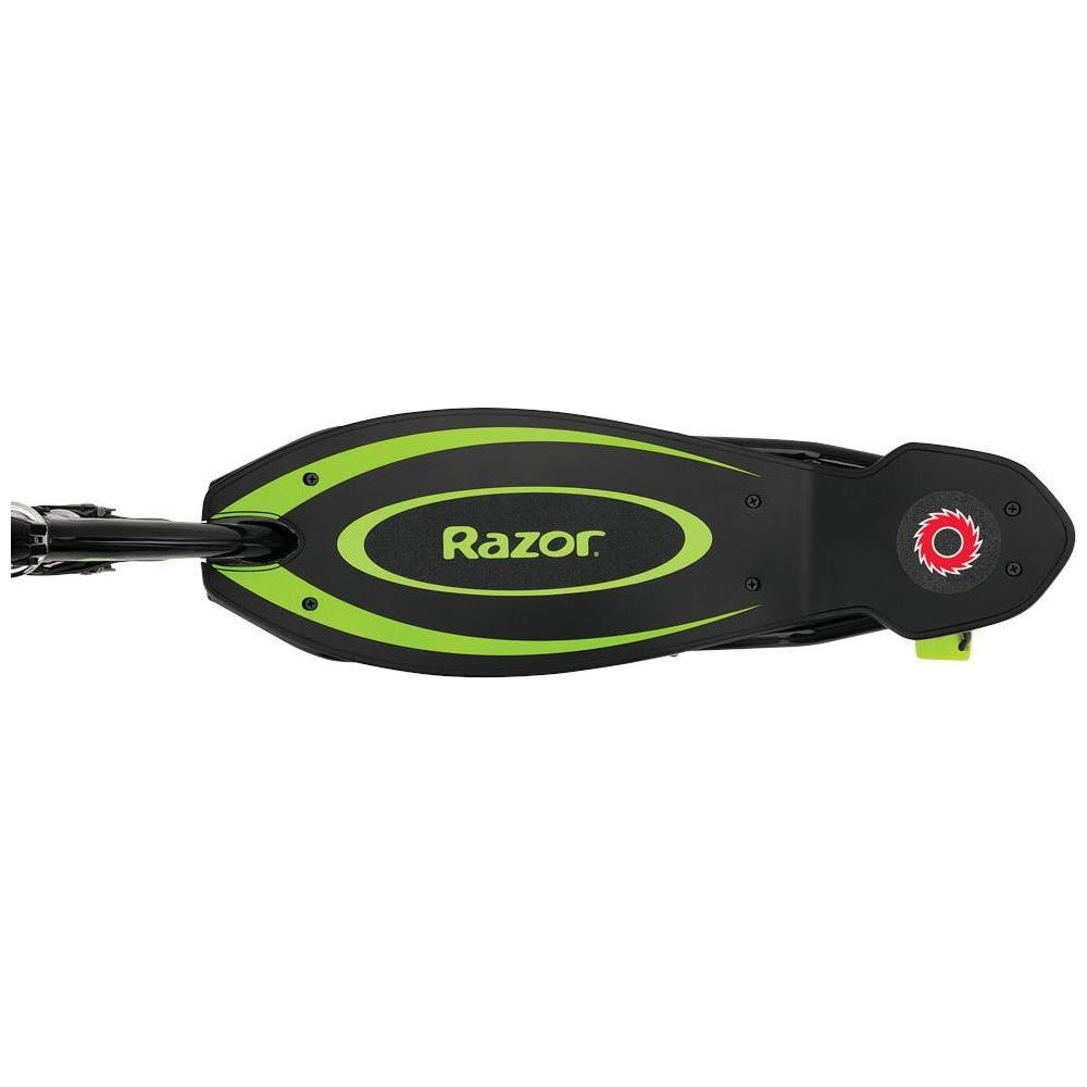Monopattino nero con accenti verde neon e logo 'Razor'.