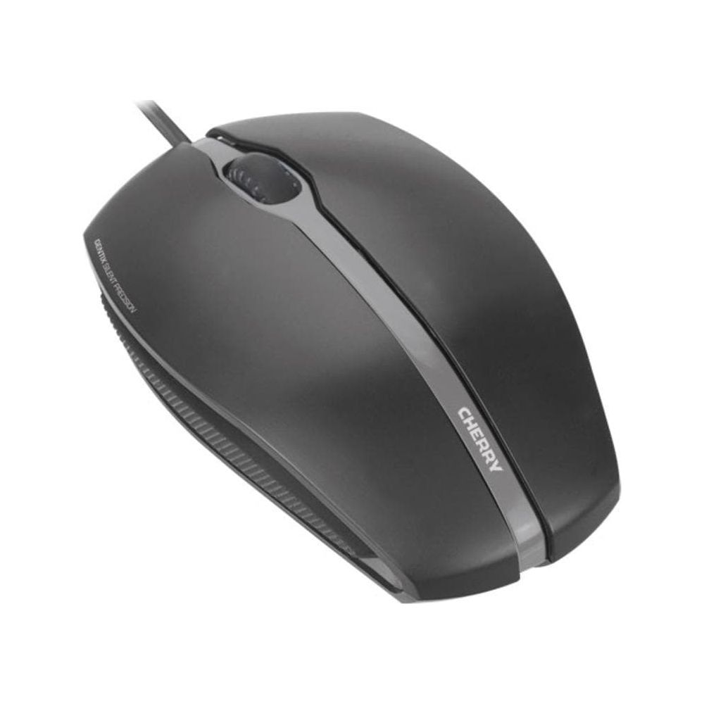 Schwarze Computermaus mit Scrollrad und Kabel, seitlich mit Aufschrift CHERRY.