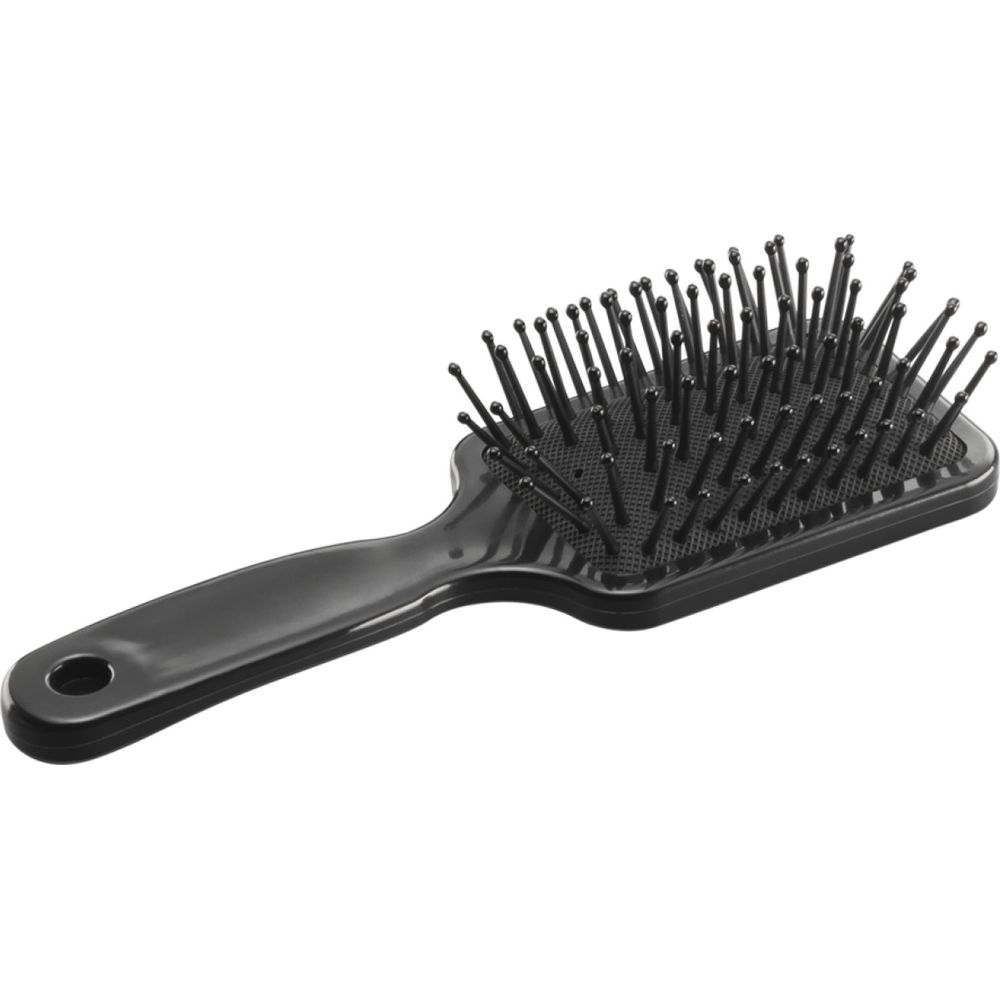 Czarna szczotka do włosów z wieloma włoskami i rączką.