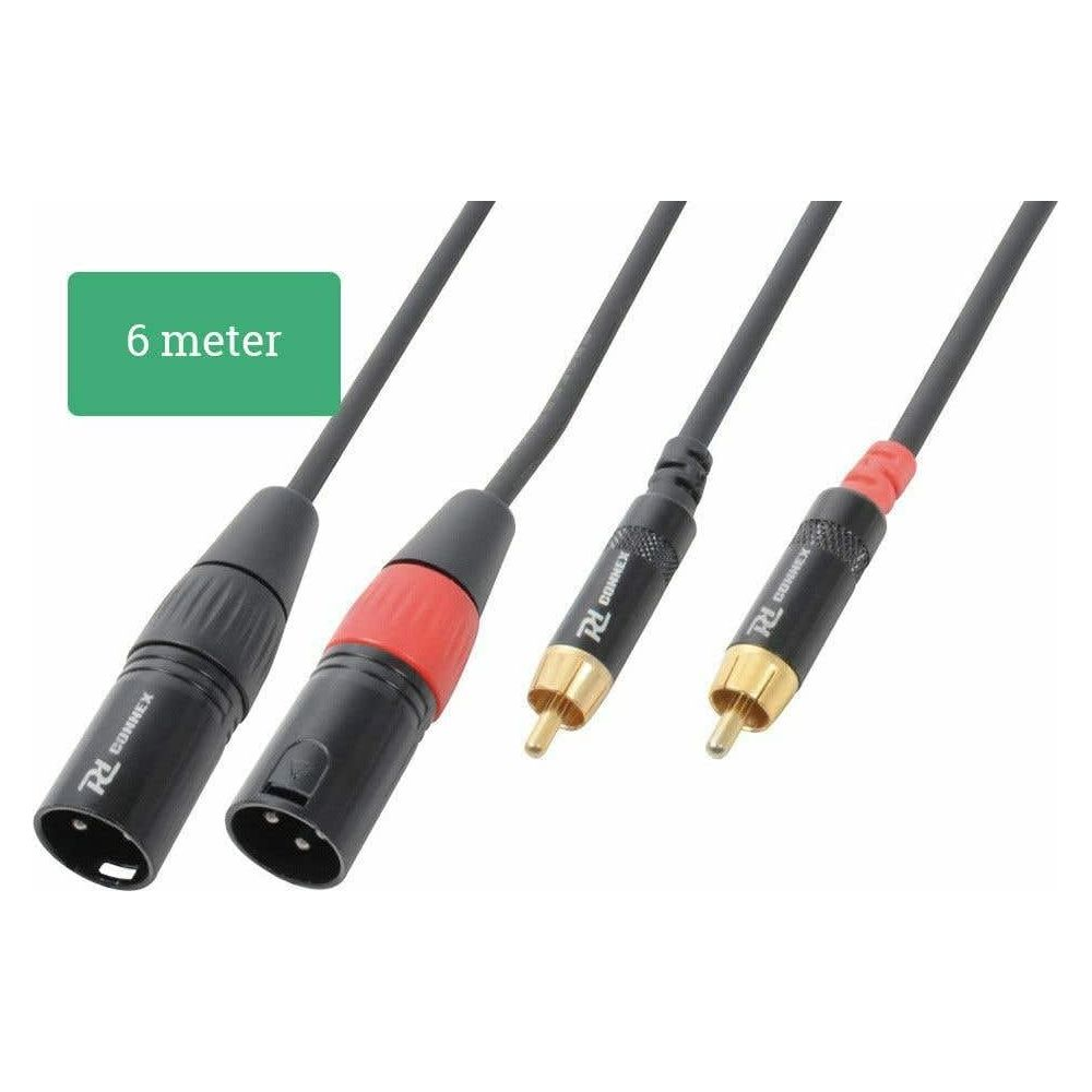 Tres cables de audio con conectores variados, de 6 metros, sobre fondo blanco.