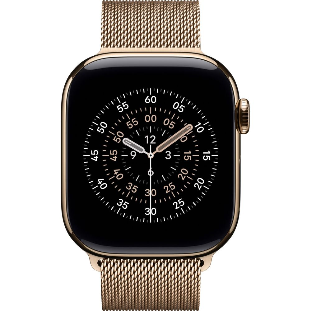Złoty smartwatch z bransoletą mediolańską i czarną tarczą.