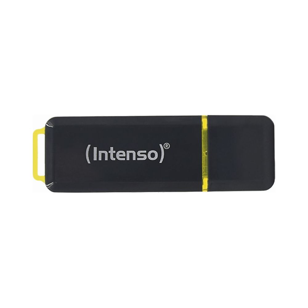 Pen drive nero con accenti gialli e il nome del marchio (Intenso).