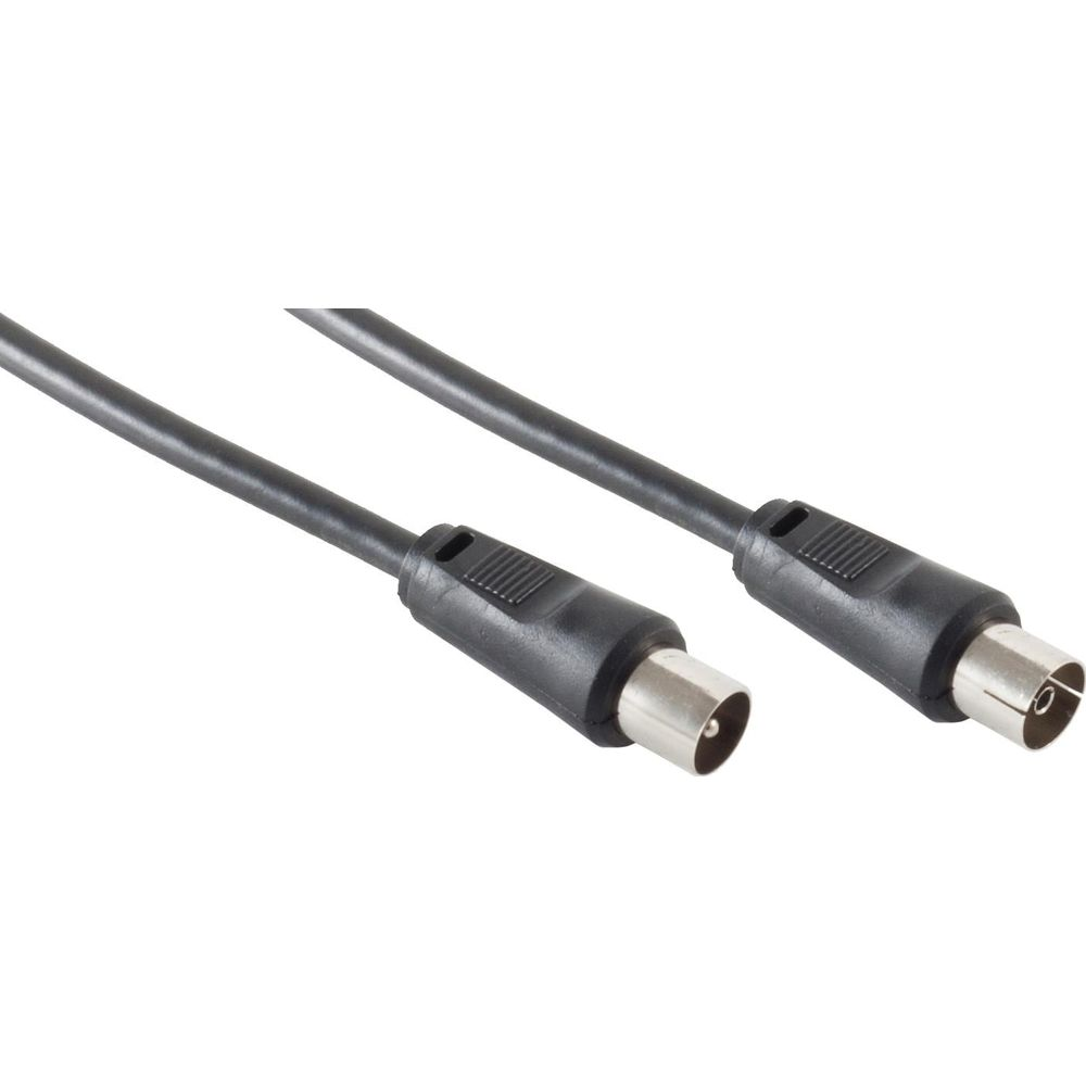 Ein schwarzes Kabel mit zwei silbernen Steckern auf weißem Hintergrund.