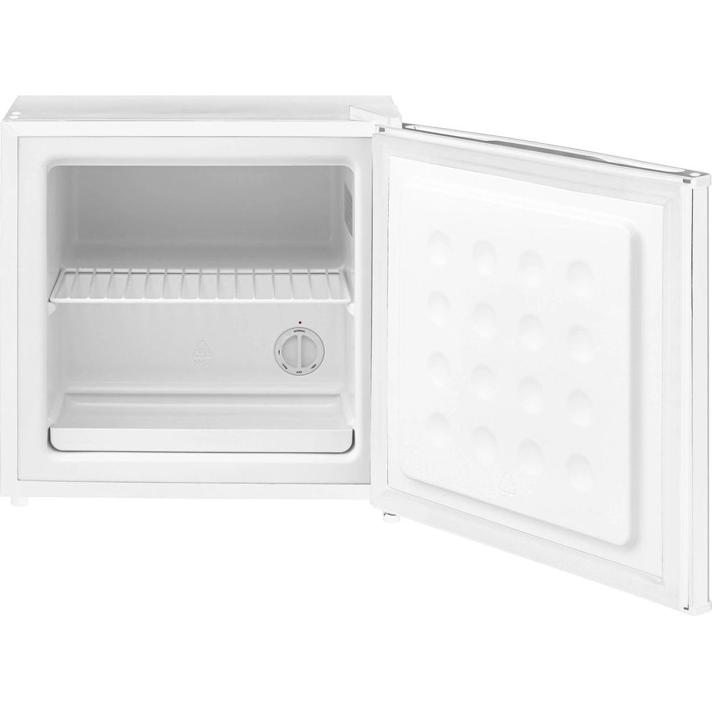 Un mini frigo bianco vuoto con la porta aperta, mostra un ripiano.