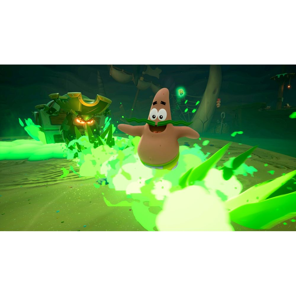 Patrick con bigote salta de humo verde, robot enemigo al fondo.