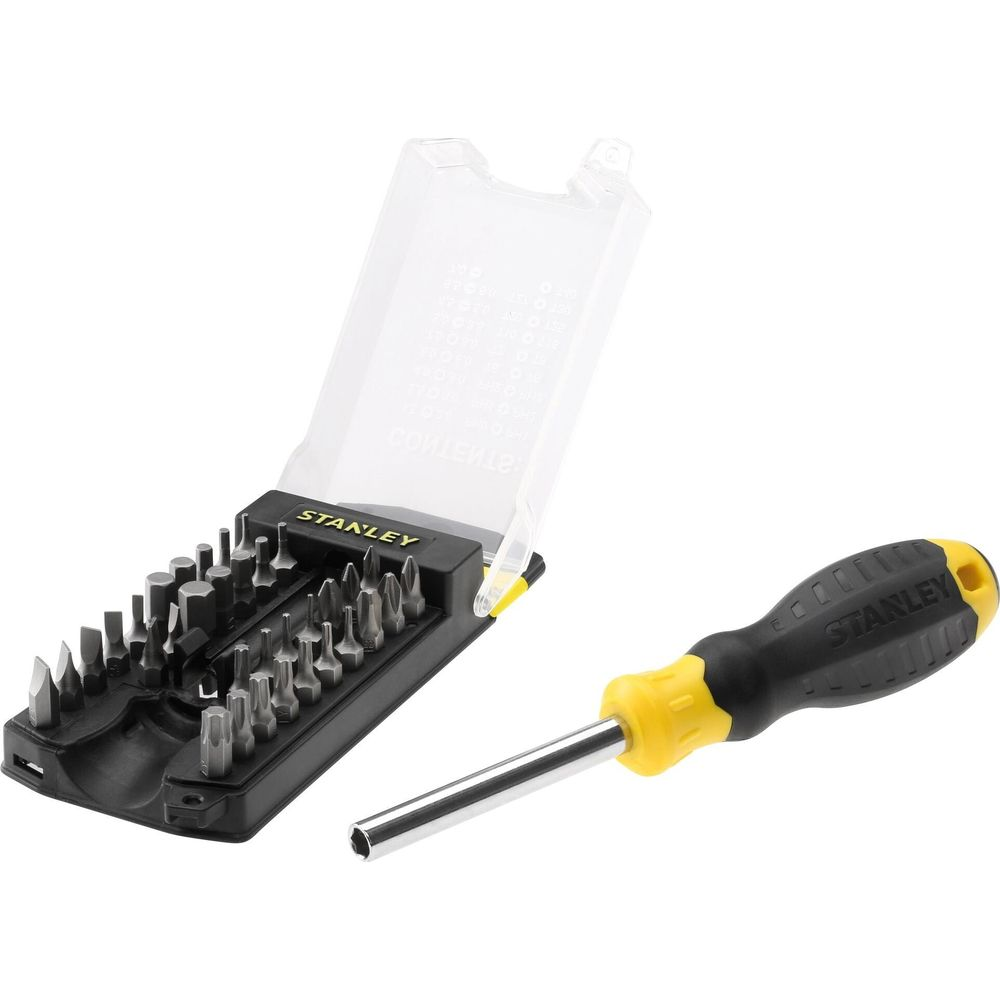Ein Stanley-Schraubendreher-Bit-Set mit offenem Kasten und einem separaten Griff.