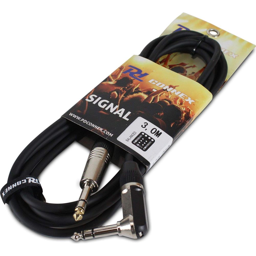 Un cable de audio negro con dos enchufes, empaquetado en una tarjeta con gráfico de concierto.