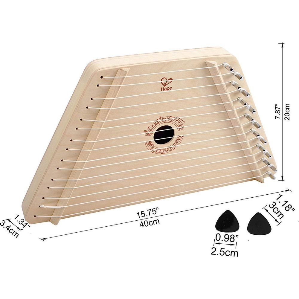Una lira Hape de madera con cuerdas, orificio de sonido e indicadores de medida.