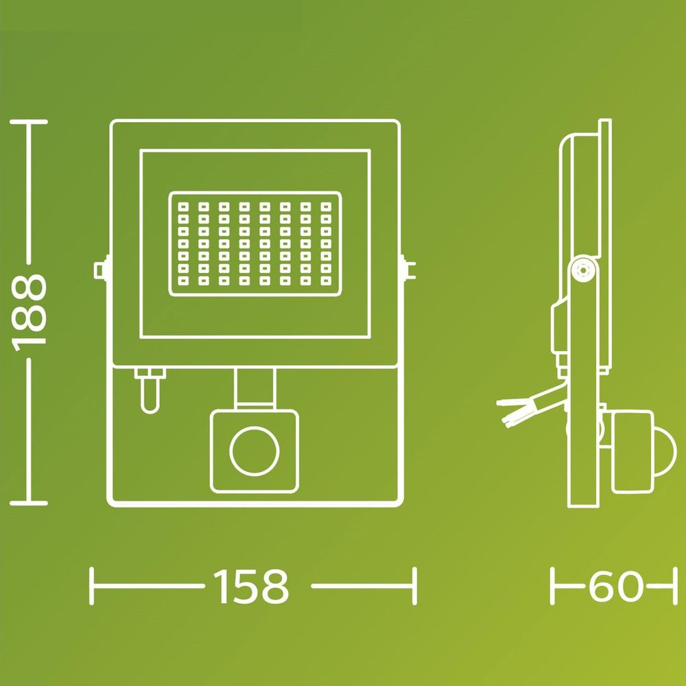 Technische Zeichnung eines Fluters mit Maßen: Höhe 188, Breite 158, Tiefe 60.