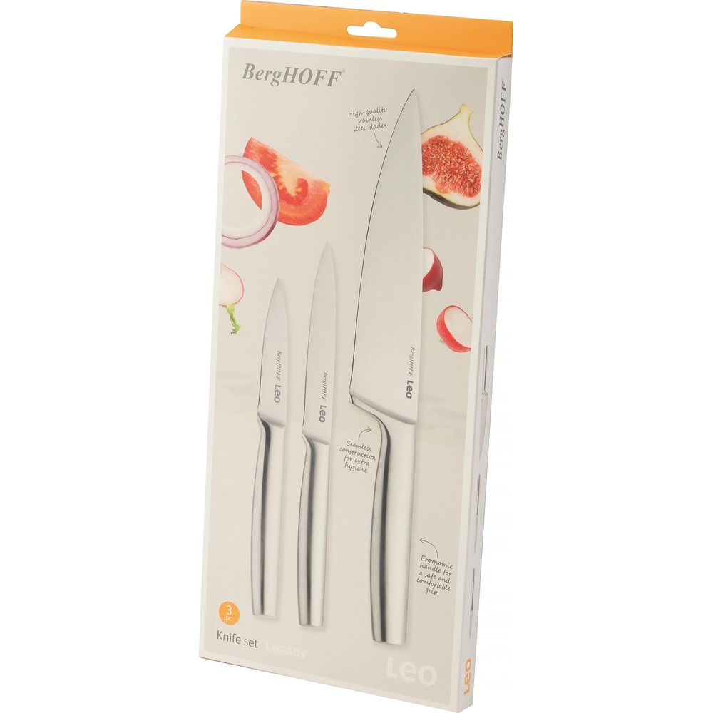 BergHOFF 3-delige messen set met roestvrijstalen bladen, tomaten, uien en vijgen.