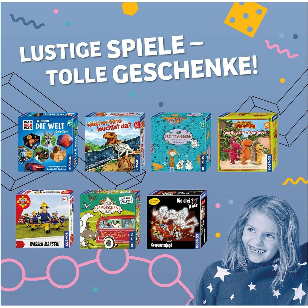 Werbeplakat für Kinderspiele mit mehreren Brettspielen und einem lachenden Mädchen.