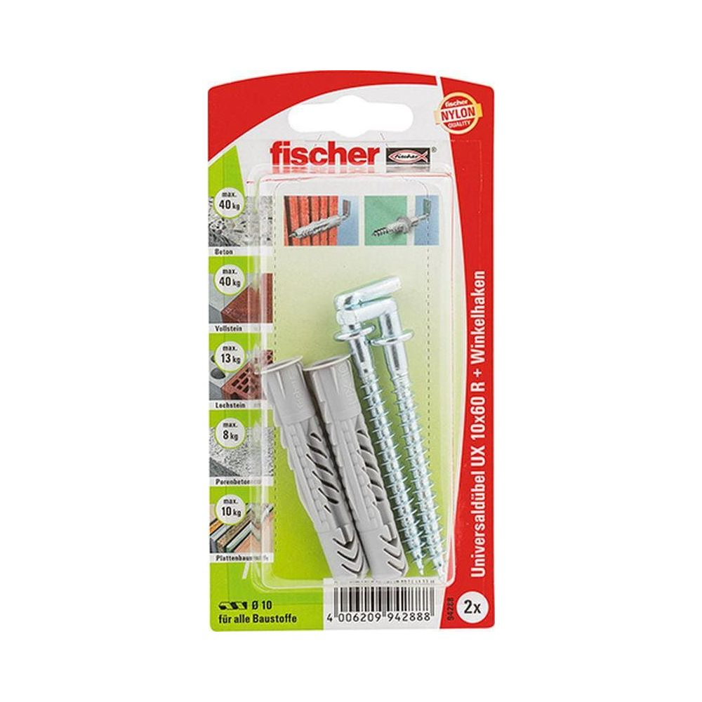 Fischer Universaldübel UX 10x60 R mit Winkelhaken, 2 Stück