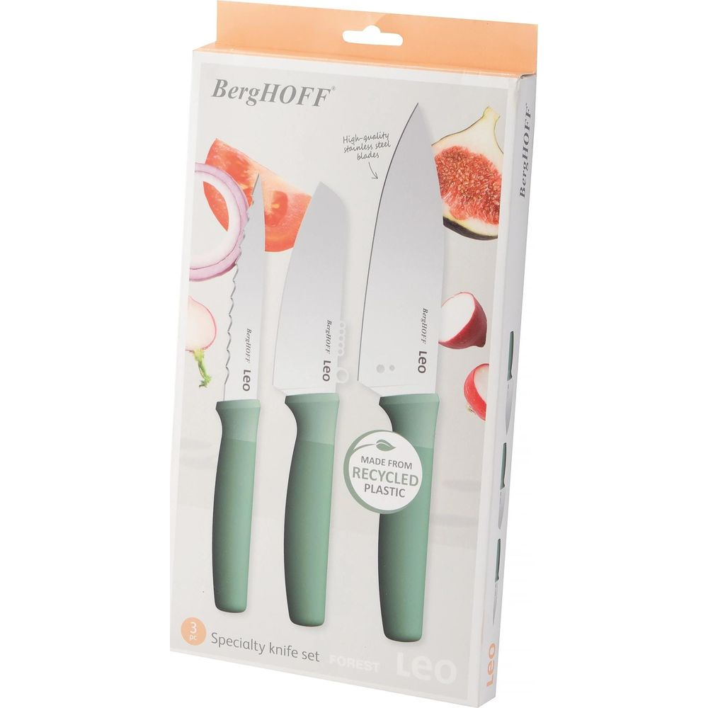 BergHOFF knife set with three knives, green handles, and stainless steel blades.