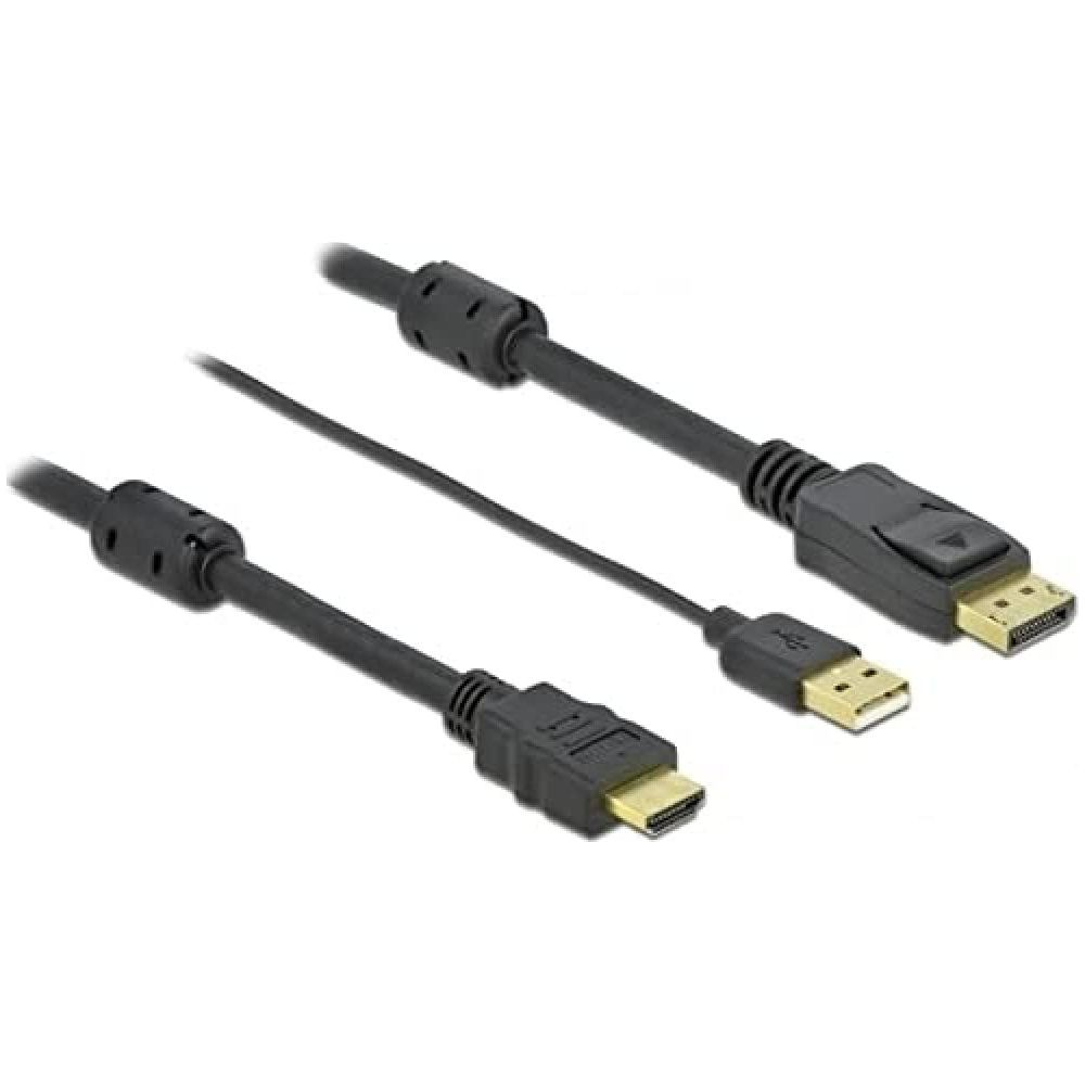 Zwei schwarze Kabel mit HDMI- und DisplayPort-Anschlüssen auf weißem Hintergrund.