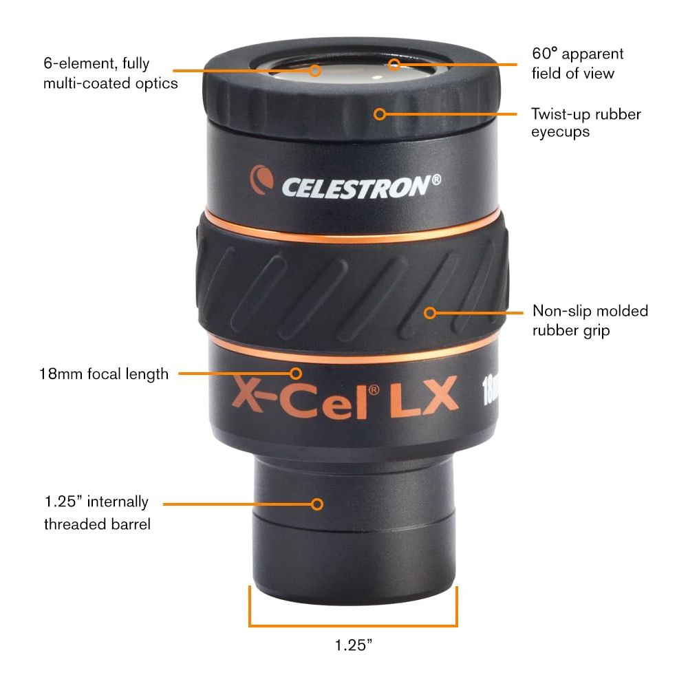 Oculaire Celestron 18 mm de focale, champ de vision 60°, grip caoutchouc.