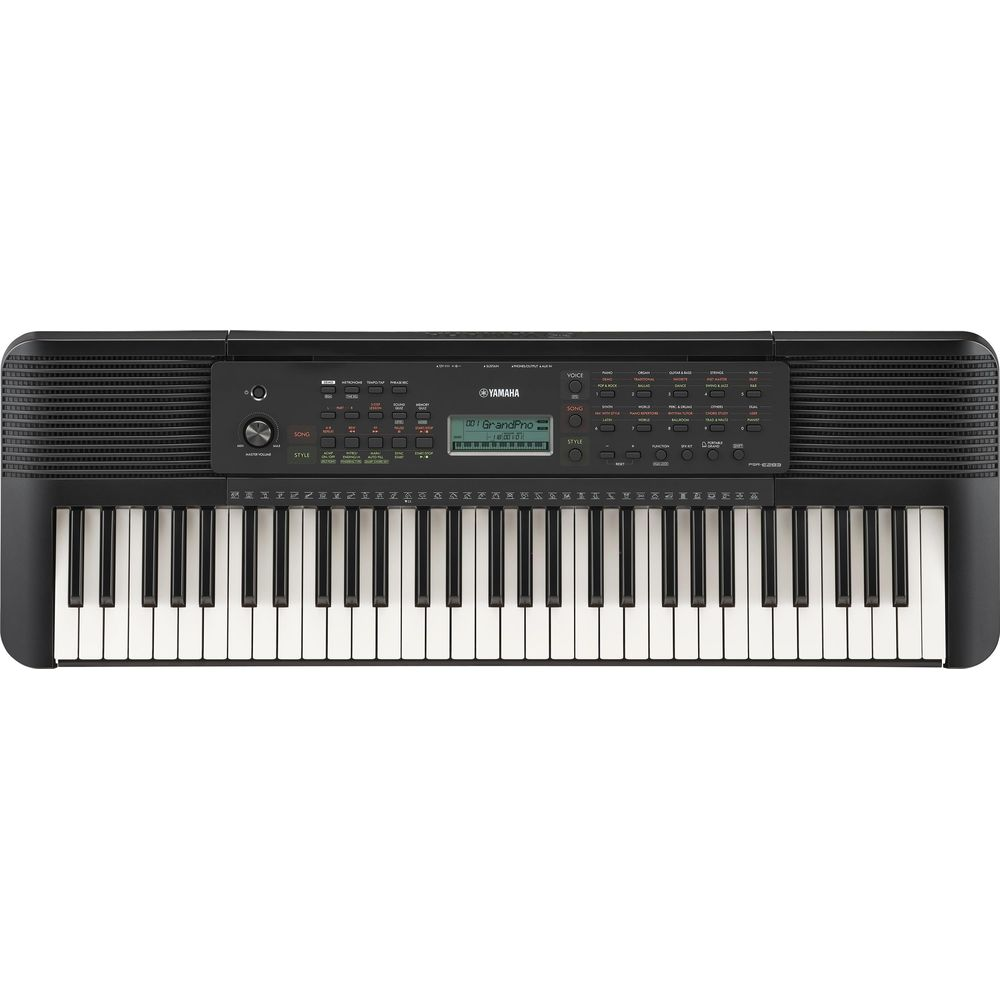 Ein schwarzes Yamaha E-Keyboard mit vielen Tasten und Bedienelementen.
