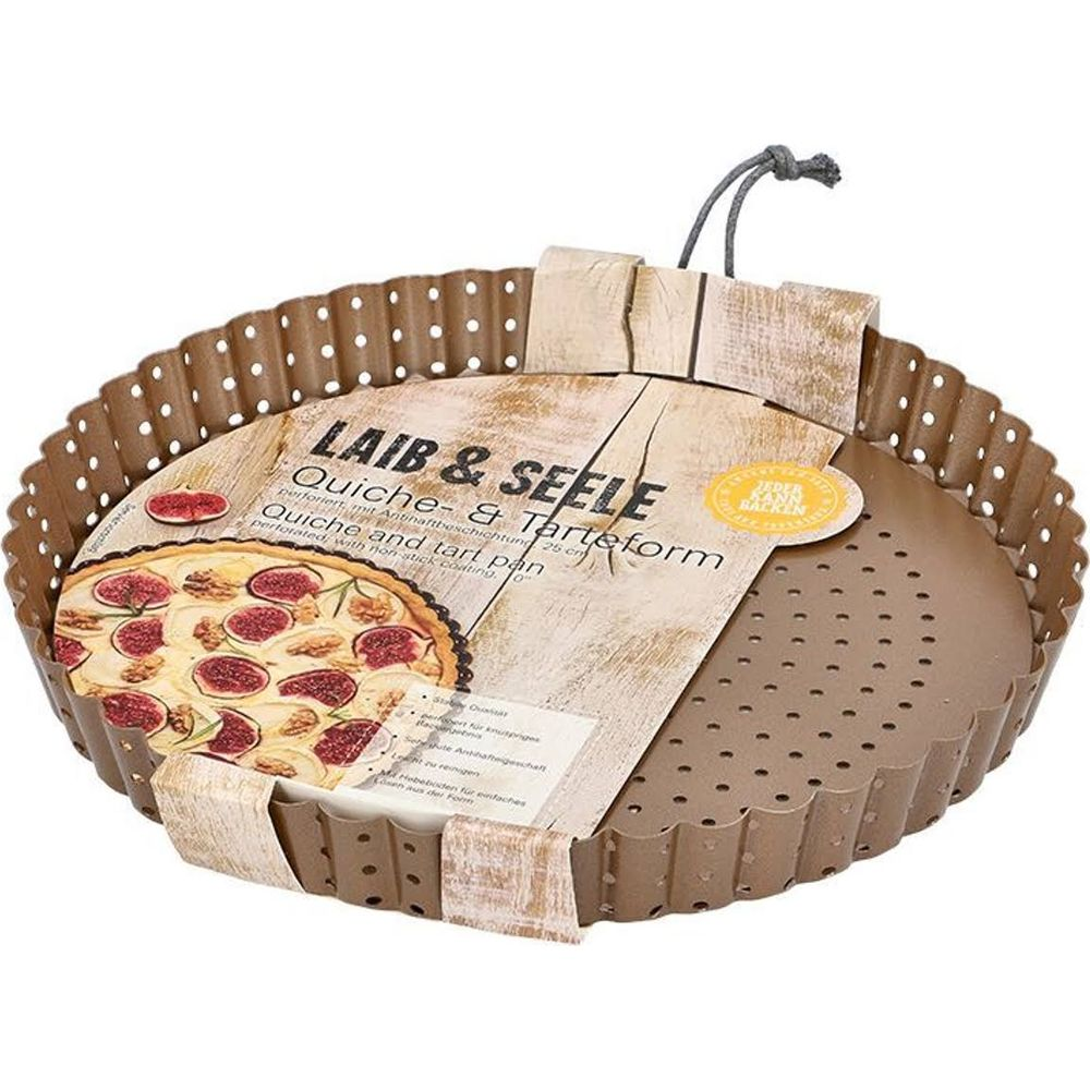 Braune Quiche- und Tarteform mit Antihaftbeschichtung und Lochung, 25 cm.