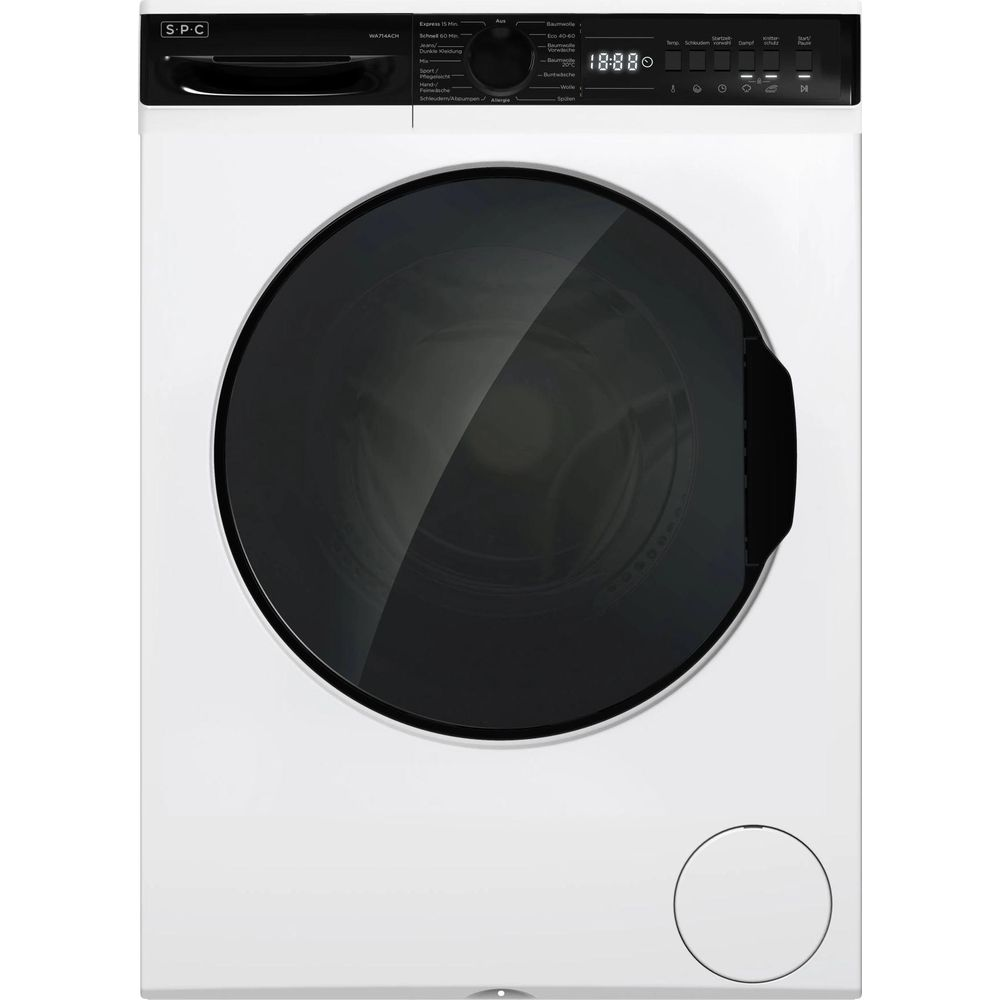 Machine à laver blanche avec porte noire et panneau de commande numérique.
