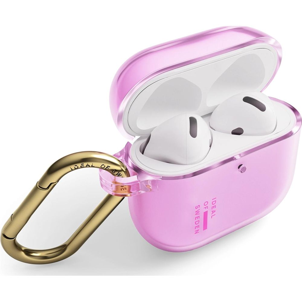 Ein pinker Kopfhörer-Case mit goldenem Karabiner und weißen Ohrhörern.