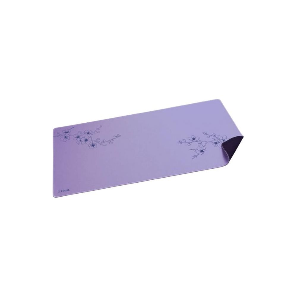 Eine lila Mousepad mit Blumenmuster und Trust-Logo.