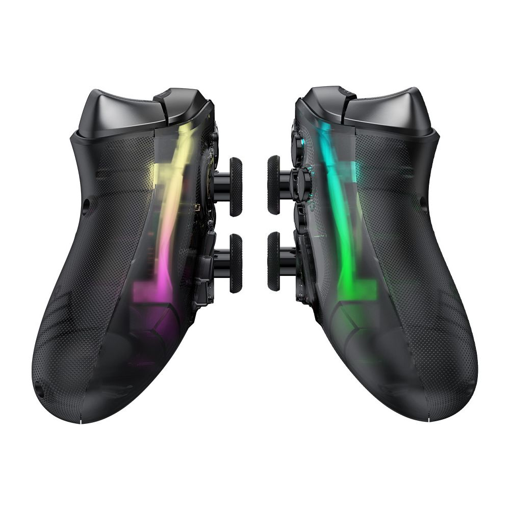 Due controller neri trasparenti con luci e pulsanti colorati.