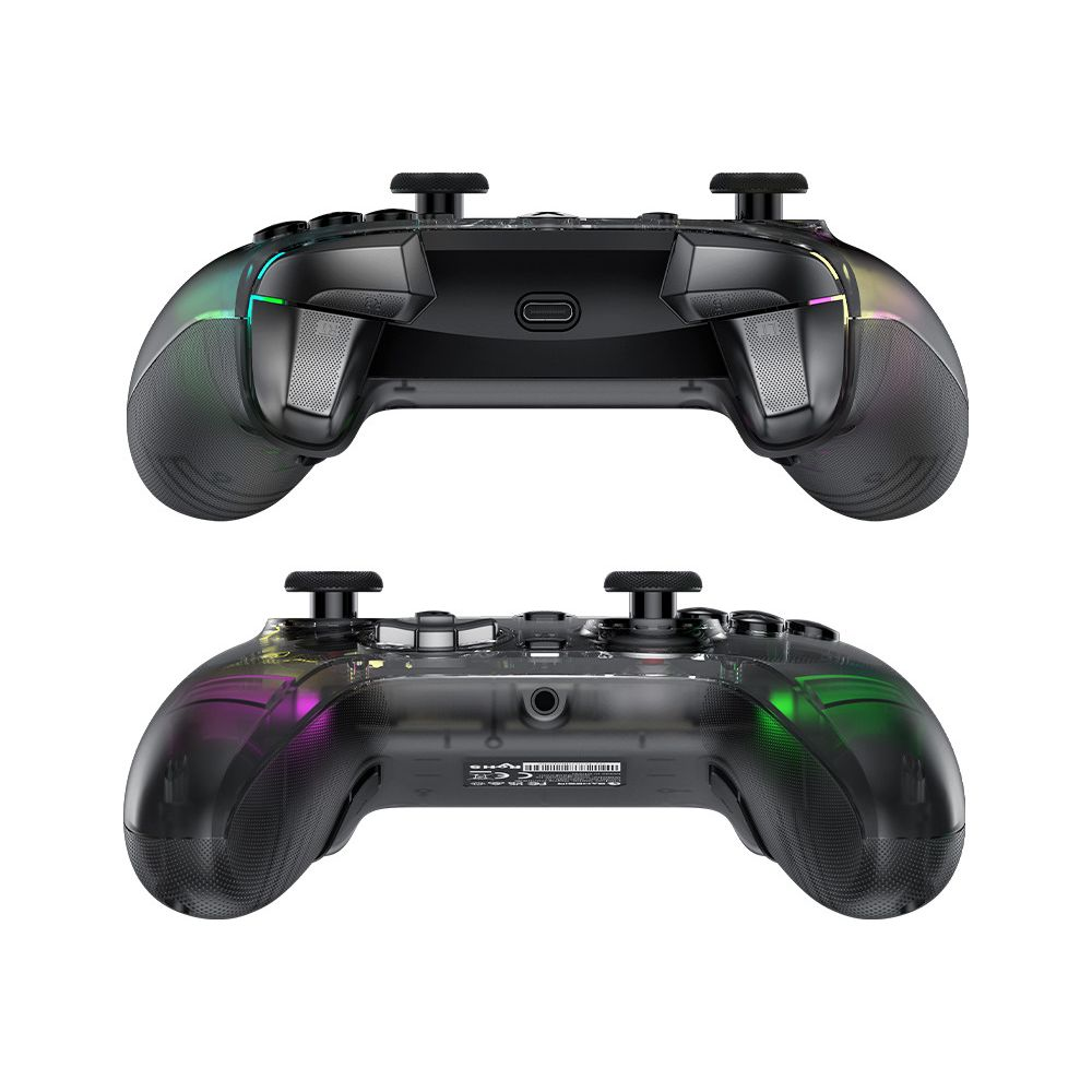 Due controller di gioco neri trasparenti con illuminazione RGB, uno sopra l'altro.