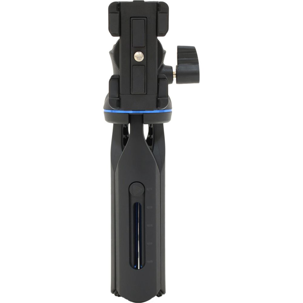 Un supporto per fotocamera nero e compatto con anello blu e manopola di blocco.