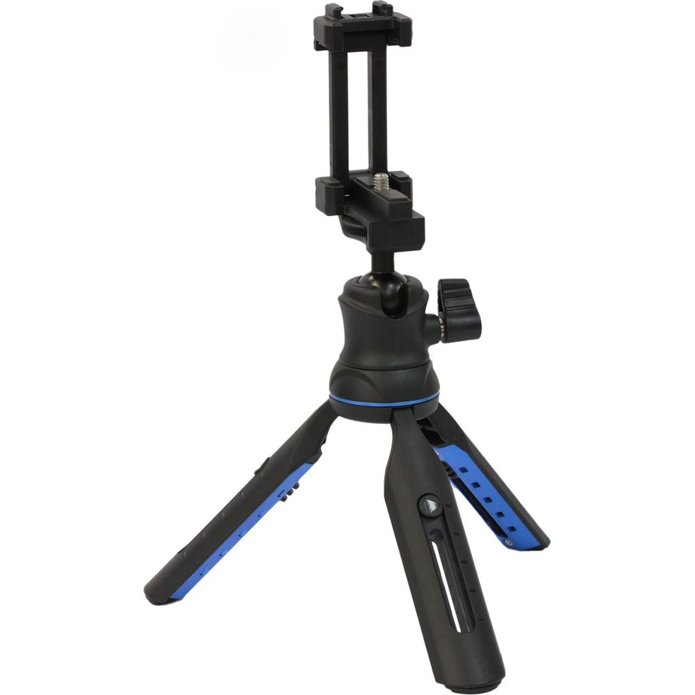 Un mini treppiede nero con accenti blu e supporto per telefono.