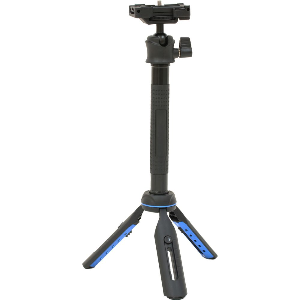 Un treppiede nero da tavolo con accenti blu e attacco per fotocamera.