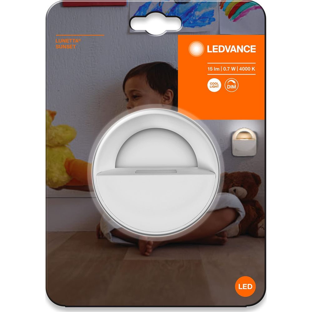 Verpackung mit Kind, Spielzeug und Nachtlicht. LEDVANCE Logo.