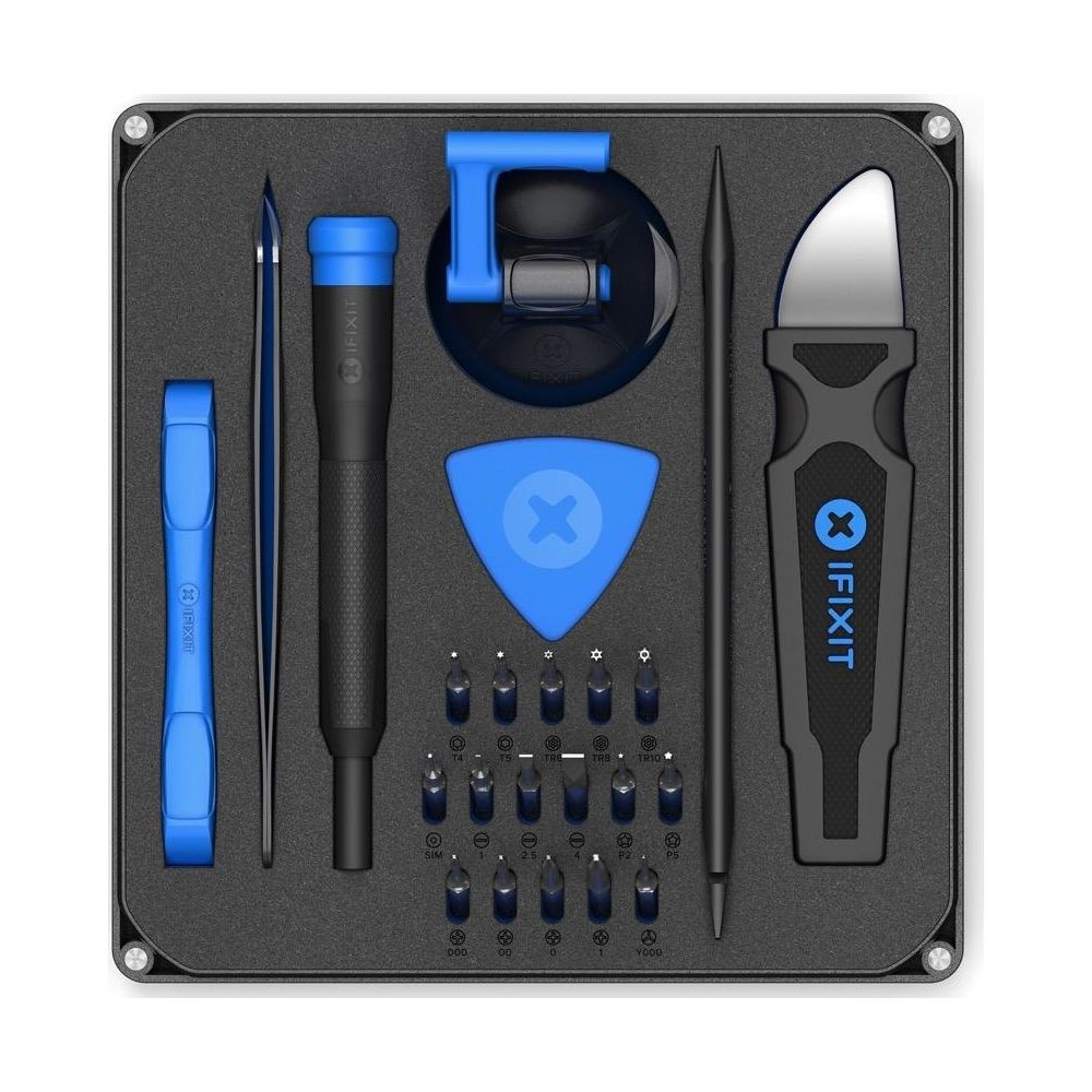 Zestaw narzędzi iFixit z niebieskimi uchwytami i bitami do napraw.