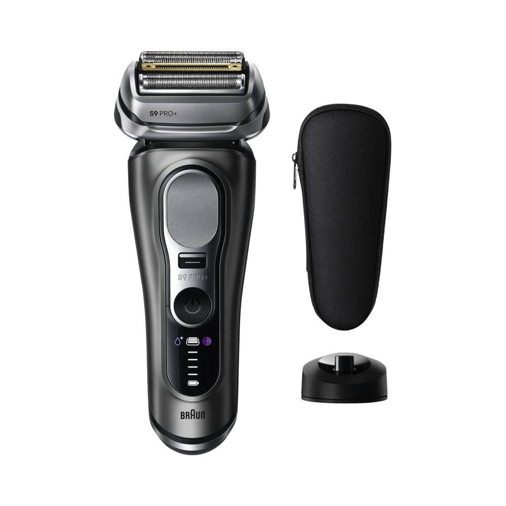 Ciemna golarka elektryczna Braun ze stacją ładującą i etui.